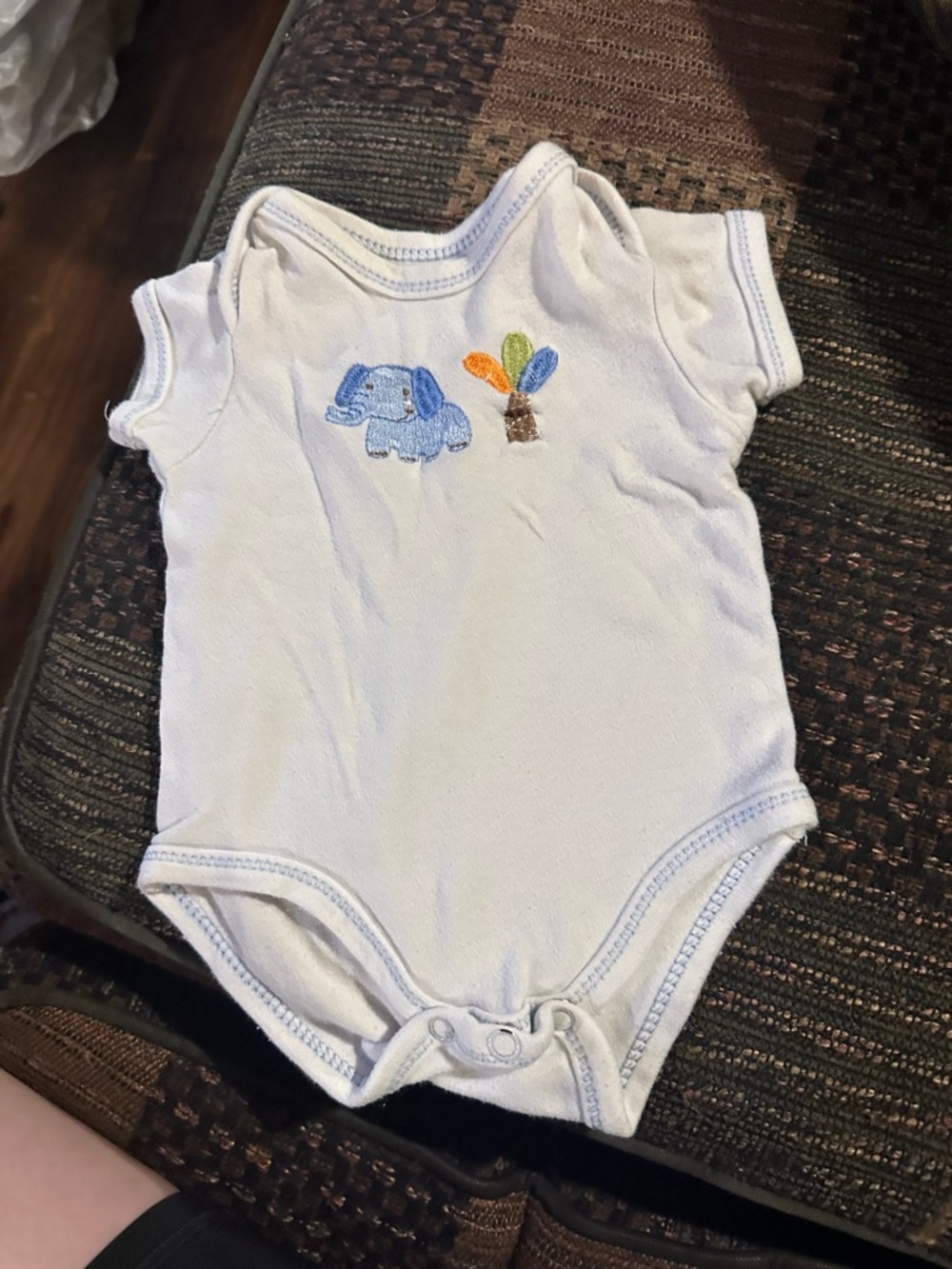 White Baby Onesie with Blue Elephant and Colorful Tree